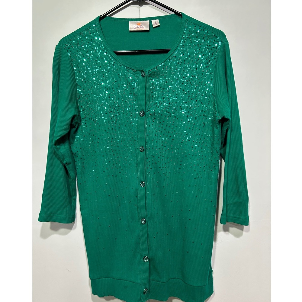 Quacker Factory Cardigan Tank Set Womens Small Green Sequin 2pc Ribbed Cotton